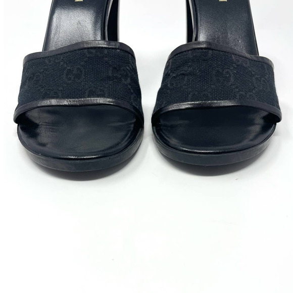 Gucci GG Monogram Logo Open Toe Mules Heels Sandals Slippers Slides Black US 8 - Picture 5 of 11